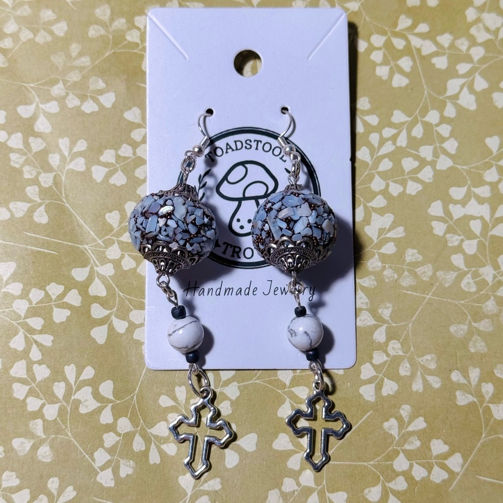 Silver and White Statement Cross Dangle Earrings with Howlite Semi-Precious